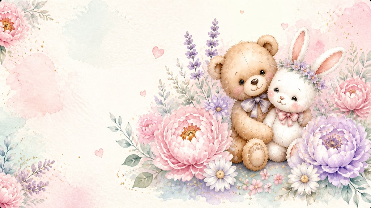 Carameli Bear — мишка и зайка среди акварельных цветов